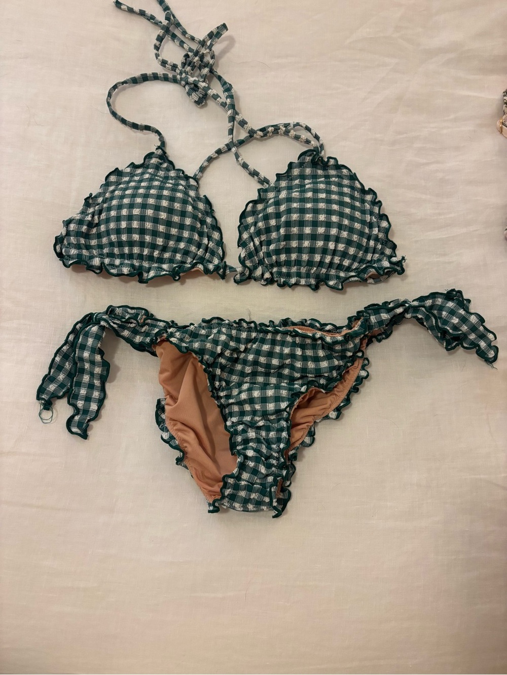 J. Crew Green Gingham Ruffled Triangle Bikini